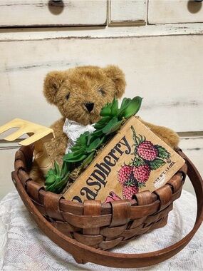 Rustic Woven Basket with Teddy & Raspberry Decorative Box -